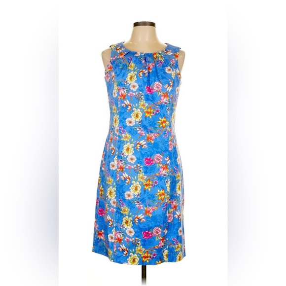 Talbots Sleeveless MIDI Dress Size 14 Blue Floral Ruched Neckline Stretch Career - Picture 1 of 7